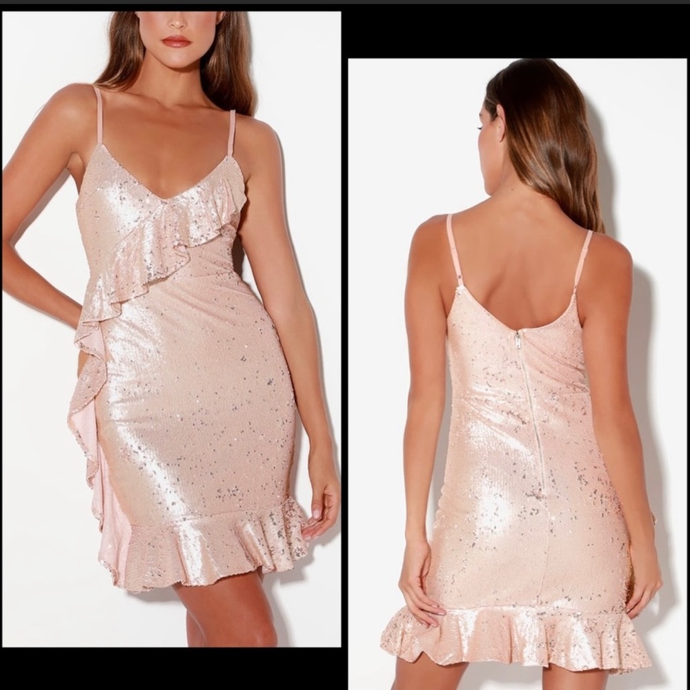 Lulus Clementina Rose Gold Pink Sequin Ruffle Mini Dress